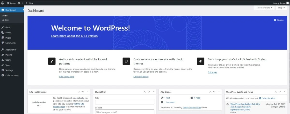 Wordpress dashboard